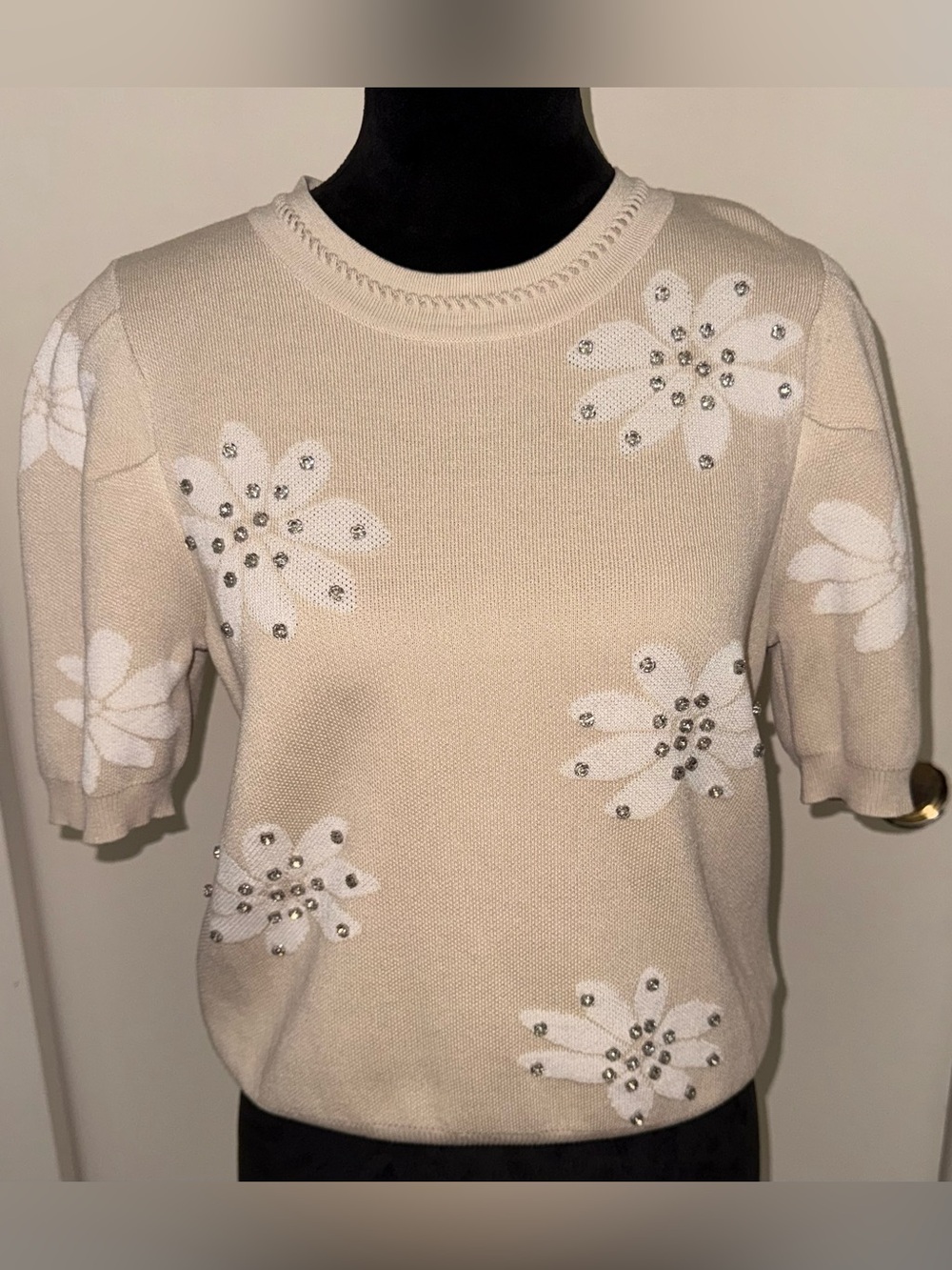 Nanette Lepore Short Sleeve  Flower Print with Rhinestones Sweater Top - NWT - M